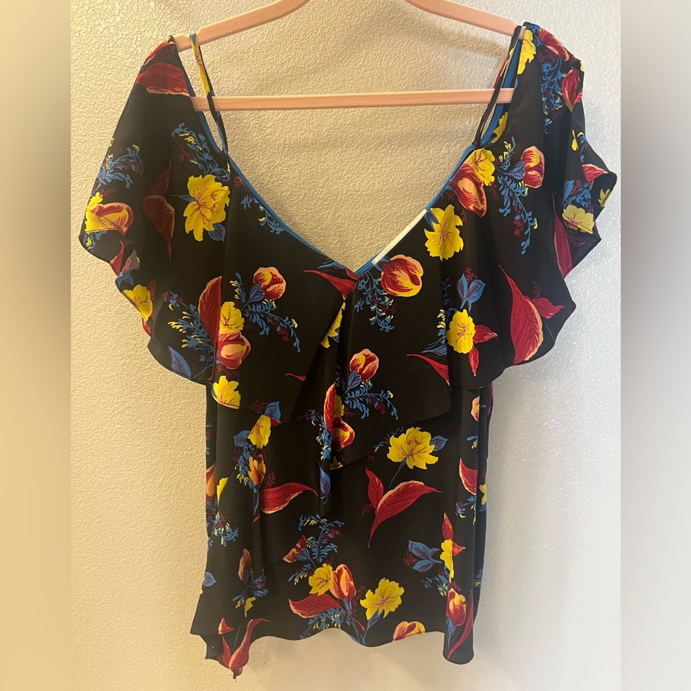 Diane von Furstenberg Ruffle Cold-Shoulder Floral Silk Blouse